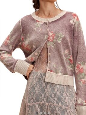 Free People Floral Crewneck Nocturnal Patterned Cashmere Cardigan Size Medium